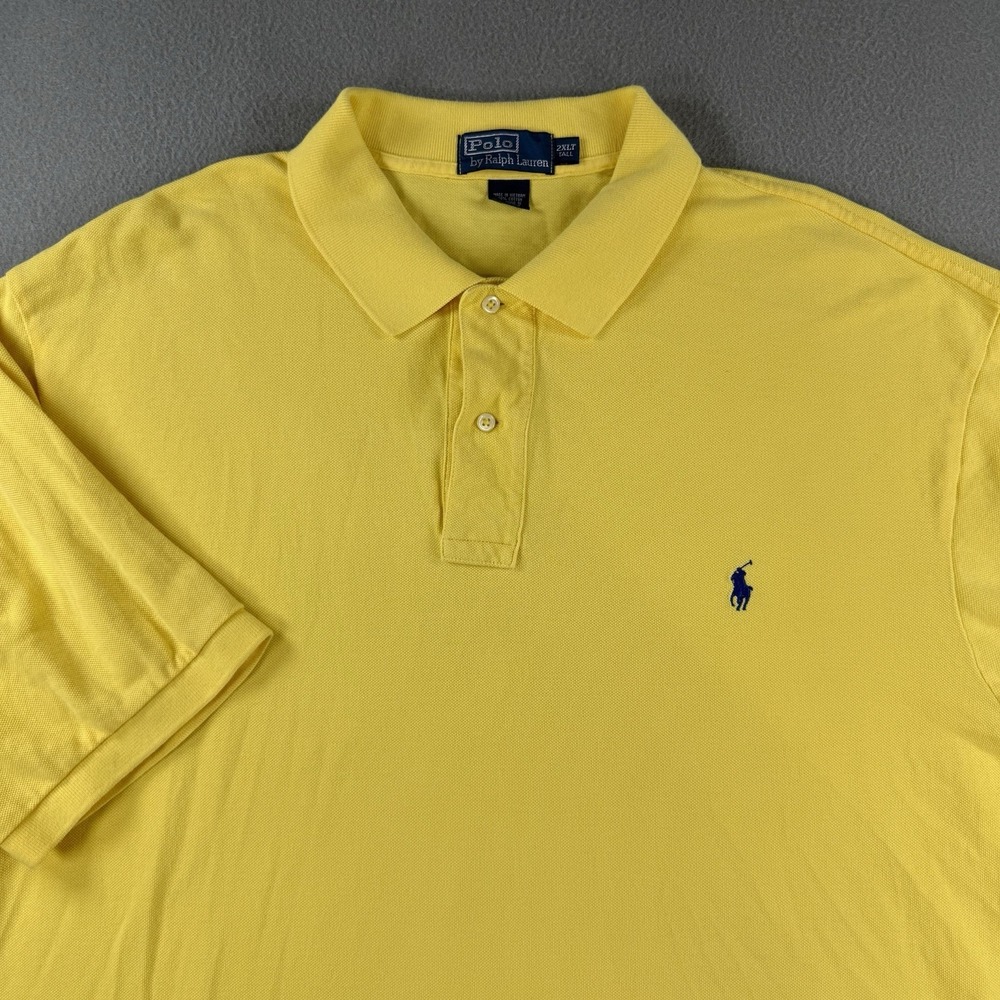 Polo Ralph Lauren Mens 2XLT Tall Yellow Short Sleeve Pique Polo Shirt Navy Pony